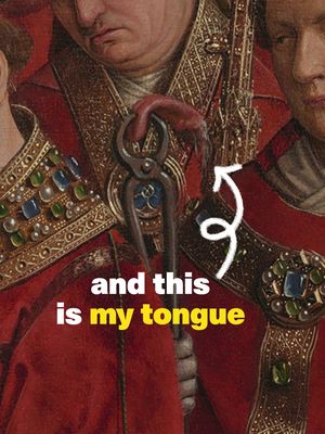 A cropped detail from a Renaissance painting. A figure, dressed in opulent red, holds a metallic instrument resembling pliers. The image features a close-up on the figure's chest, emphasizing the ornate details of the clothing and a gold embellishment with a blue jewel.