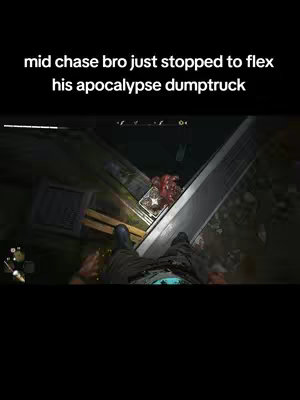 Overhead view of a first-person perspective video game scene. The player character is standing on a metal walkway, looking down at a lower level where a group of monsters are gathered near a glowing object. Text overlayed at the top.