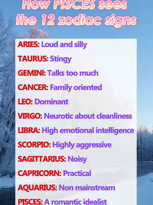 The image is a vertical graphic presenting a list of the 12 zodiac signs, with the title "How PISCES sees the 12 zodiac signs". The background appears to be a blurred winter scene with snow and trees. The text is arranged in a column on a white background. The fonts are different colors.