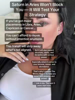 A selfie-style video cover with text overlay. A woman with dark hair and a white top is centered. Text boxes with astrological information are layered on top of this image. The overall effect is informative and personal, using a clear, easy-to-read font against a neutral background.