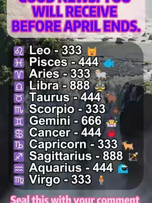 The image shows a waterfall with text overlays listing zodiac signs with corresponding numbers and symbols, set against a blurred background of a natural landscape. The text is in white with a purple banner at the top.