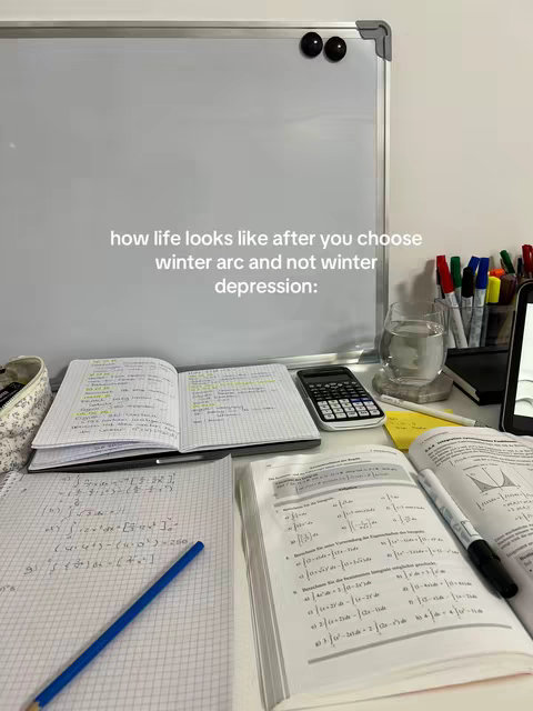 A well-lit workspace with a whiteboard, notebooks, and math problems visible. Various colored pens and a cup of water are on the desk, suggesting a study or work environment.
