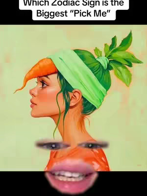 An artistically rendered image features a woman's profile adorned with whimsical elements suggesting a nature-inspired theme. The woman's face is in profile, showcasing a thoughtful demeanor. She is framed on top with a carrot-like headpiece and a bright green band. The image is playfully enhanced with floating eyes and an animated mouth, introducing a comedic element.