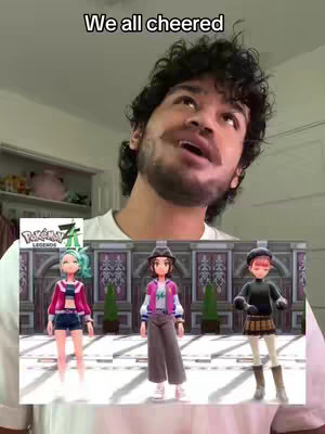 The image shows a man looking up slightly with an open mouth, presumably speaking or reacting to something. Below him is a screen displaying the game 'Pokemon Legends.' Three female characters from the game stand in a row, designed as if they were dolls.