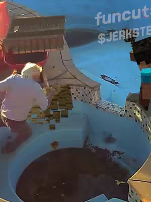 The image captures a moment of action and humor, featuring a scene from what appears to be a Minecraft-inspired environment. The main focus is on a person in a white shirt, leaning to the left, running away from a Minecraft-style figure (in a blue shirt and wearing Minecraft character’s face). The background contains buildings and is rendered in a low-resolution, pixelated style characteristic of the game. In the background, text overlays indicate a fun-cut with the text, "$JERKSTEVE". The sky is light blue. The overall composition suggests a comedic or action-based video.