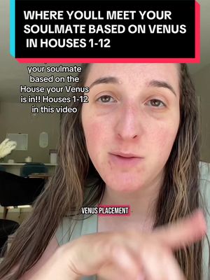 A woman with long brown hair is centered in a selfie-style video frame. The top of the frame displays text in a rectangular black and teal overlay, while additional text is arranged below.  A magenta-colored text overlay reading 'VENUS PLACEMENT' is at the bottom. The background appears to be a home setting with soft, diffused light, indicative of an indoor environment.