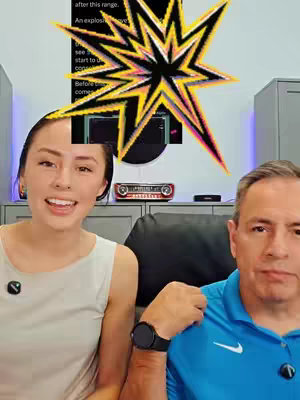 A cover image featuring a woman and a man in a well-lit setting. The woman, with dark hair, smiles at the viewer, and a superimposed graphic is behind the woman. The man, on the right, wears a blue polo shirt and looks slightly off camera. The background includes a wall-mounted screen and some audio equipment. A dynamic, starburst graphic is overlaid on the upper-center, partially obscuring text. The overall composition suggests a business or informational video, potentially about cryptocurrency.