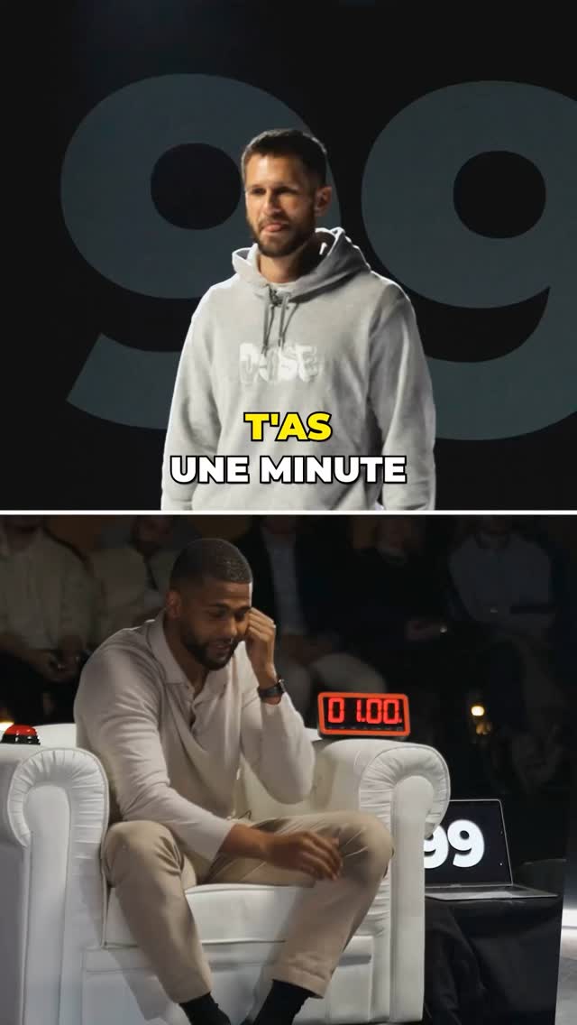 The cover image is a split screen. The top half shows a man in a gray hoodie with white text, against a black background. The bottom half shows a man in a white shirt and beige pants in a chair, with bright scene elements. The overall composition is clean and modern, using a split screen format.