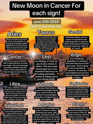 The image is a graphic featuring information about the New Moon in Cancer for each Zodiac sign. At the top, the text reads 'New Moon in Cancer For each sign!' with an additional line stating 'June 25th 2025! Read for your rising sign!'. Below, there are rectangular boxes with the signs of the Zodiac. The background is a scenic view with a body of water and buildings, at twilight with warm colors.