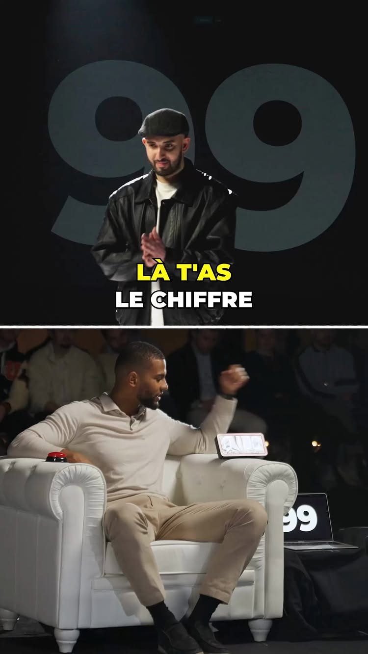 The cover image shows two scenes. The top part features a man with a beard and a flat cap, clapping in front of a black background with the number 99 in white. Text overlayed says "LA T'AS LE CHIFFRE" in yellow letters. The bottom part shows another man sitting in a white armchair, with a laptop displaying the number 99 and a red button, with an audience in the background.