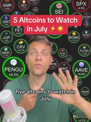 A man gestures with his hand toward the viewer while standing in front of a background of circular graphic elements showing cryptocurrency symbols, their values in percentages, and names. A text overlay on top in a rectangular shape says "5 Altcoins to Watch in July" and has a thunderbolt symbol next to it with the image of a sun. At the bottom an overlay reads "five altcoins to watch in July" in white letters.