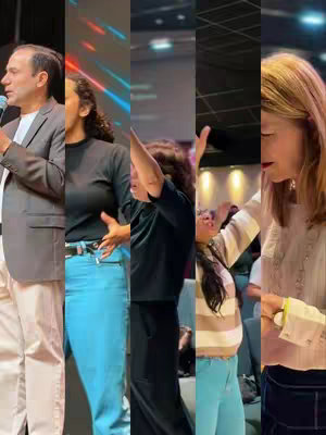 A vertical split image, showcasing 5 people in a church setting. Each person is framed separately, with different actions and gestures. The first person, a man, speaks into a microphone. Next to him, a woman is gesturing with her hands. Then there is a woman with arms outstretched. Next to her, there is another woman, eyes closed and arms up. Finally, there is a woman with her hands clasped and eyes closed.