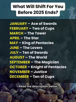 The cover image is a vertical graphic featuring a dark background with a blurred image of stones at the bottom edge. Superimposed on this background is text in a mix of bright yellow and white fonts. The top section has white text that says, "What Will Shift For You Before 2025 Ends?" Below this, there is a list of text, alternating in color between yellow and white, each line including a month followed by a tarot card name.