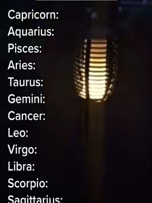 A dark image featuring a lit decorative torch in the center. To the left is a vertical list of the zodiac signs.