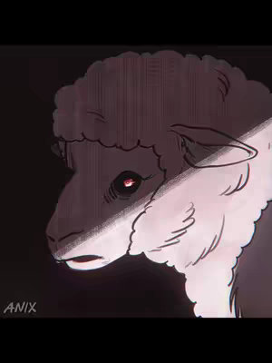 A stylized digital illustration of a sheep or lamb. The creature is predominantly white and grey, with dark grey shading on its head and body. A strong light source from the right side illuminates the right side of the sheep's face and body, creating a contrast with the shadowed left side and a solid black background. The sheep has a red eye, suggesting a slightly menacing or unnatural appearance. In the lower left corner, the Anix signature is visible.