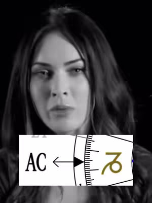 A black and white image of a woman in front of a dark background. She is looking at the camera. Behind her is a graphic that says AC, and has the Capricorn symbol. The graphic has lines and ticks indicating an astrological chart. The woman has dark hair, and a neutral, perhaps slightly questioning face.