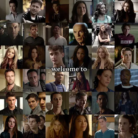 A grid of various character portraits from the TV show Teen Wolf, with the overlaid text "welcome to" in white.