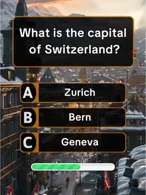 The cover image displays a quiz question. A black rectangular bar asks, 'What is the capital of Switzerland?'. Below are three answer choices: A) Zurich, B) Bern, C) Geneva, inside separate filled bars. A progress bar is displayed along the bottom. The background reveals a blurry outdoor scene.