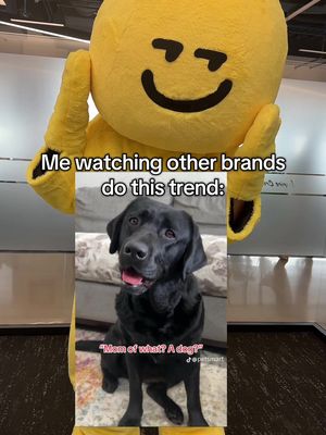 The image shows a large yellow character holding its hands up, with a black dog in the lower front section of the image. The text overlay reads 'Me watching other brands do this trend'. The dog has a meme bubble overlay reading 'Mom of what? A dog?'