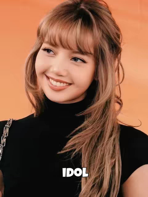 A medium shot features Lisa, the K-pop artist, with a warm, peachy background. She has long, layered, light brown hair with bangs, and a black turtleneck. She's smiling, revealing white teeth. Text overlayed near the bottom reads 'IDOL'.
