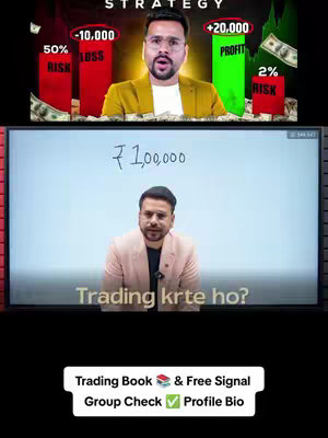 The image is divided into two main sections. The top section features a man with glasses, facing the camera with an open mouth expression. He is the focus of the image, sitting in front of two vertical bars, a red one on the left for  "-10,000 LOSS" and a green one on the right for "+20,000 PROFIT".  The bottom section showcases a man wearing a pink blazer and speaking, in front of a whiteboard with the number "₹ 1,00,000" written on it. Below the bottom section is a horizontal bar containing text such as "Trading Book & Free Signal", and social media checkmarks.