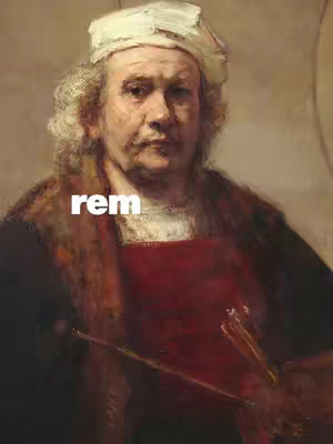 The image is a portrait of an older man, Rembrandt van Rijn, in a painter's garb, likely a self-portrait. He has white hair, a white cap, and a red vest, looking straight at the viewer. The text overlay, 'rem', is placed in white across the midsection.