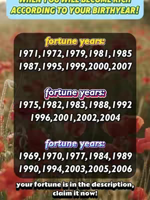 The image is a vertical composition with a blurred background featuring red flowers. Overlaid on this is a dark, semi-transparent shape containing lists of years in various colors. At the top is a banner with green and yellow text. At the bottom is text in white font.
