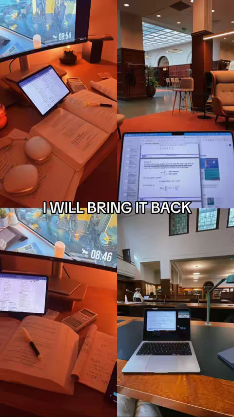 The cover image is a 2x2 grid showing interior study spaces and a focus on study materials like books, laptops, and notebook. A text overlay says, 'I WILL BRING IT BACK'.