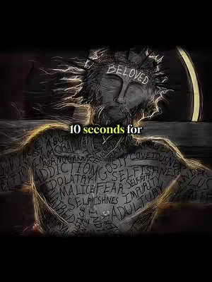 A grayscale image of a person, likely Jesus, with text of various sins covering his chest and arms. The word 'BELOVED' is on his head. A secondary text overlay reads '10 seconds for'. The background suggests a dark or somber setting.
