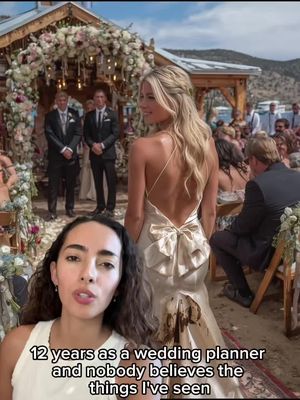 The cover image shows a woman in a light-colored dress with a low back at a wedding ceremony. In the bottom left corner a woman is looking at the camera, overlaying the main wedding scene. Text overlays the image at the bottom, reading "12 years as a wedding planner and nobody believes the things I've seen”. Background elements include a flower arch, the groom, and a crowd of guests.