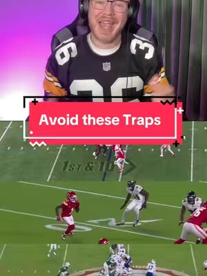 A vertical cover image showing a man in a football jersey smiling and gesturing, with a red banner overlay that reads Avoid these Traps. Behind him is a football field.