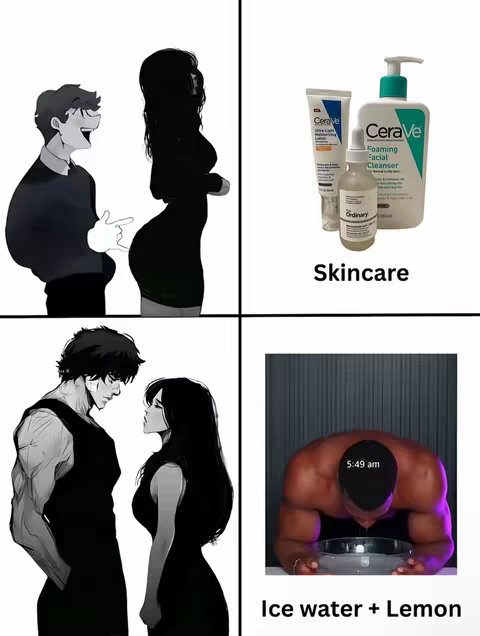 A 4-panel image with white background. The top left panel has a cartoon of a man pointing at a woman walking away. The top right panel has skincare products. The bottom left panel is a cartoon of a muscular man and woman. The bottom right panel has a man with his face in water labeled 'Ice water + Lemon'.