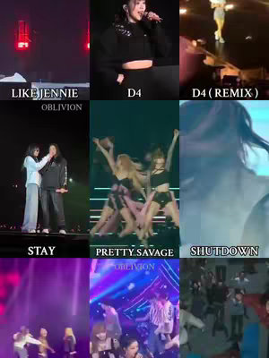 The image is a collage of several video stills featuring the members of Blackpink on stage. The top row shows clips of Jisoo performing. Other clips show the group on stage, as well as group shots.