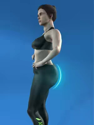 A 3D rendered image of a woman in workout attire. She is viewed from the side, with her body angled slightly as if she is looking up and to the left. She is wearing a black sports bra and black leggings. A glowing blue arc highlights her glute muscle. The background is a solid gradient of blue.