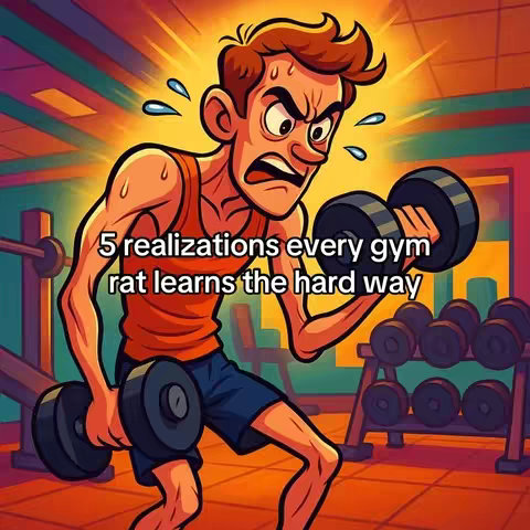 An animated image of a man lifting two dumbbells in a gym. He is sweating and has an expression of strain. Text overlays the image.
