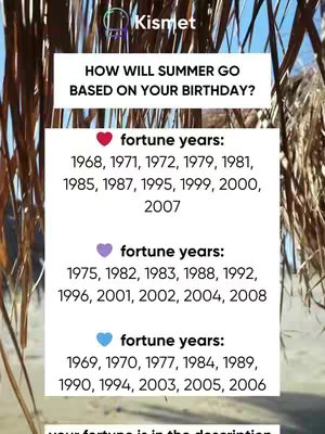 The image shows a vertical layout displaying text and lists against a blurred background of foliage and a beach. The text is arranged in columns and rows, with titles and lists detailing fortune-telling years for different zodiac heart themes. The top portion provides context and branding with the Kismet logo. The image evokes a sense of guidance and is suitable for fortune-telling, lifestyle, or astrology content.