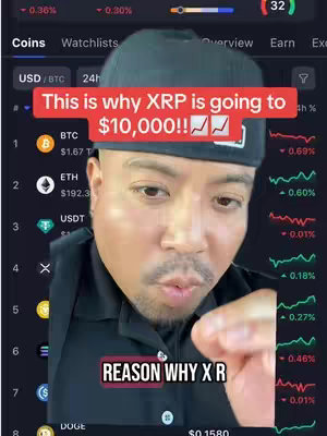 The cover image features a man in a black polo shirt and a black cap. He is positioned in front of a screen that displays cryptocurrency market data. Overlayed text in a red banner proclaims a prediction about the future price of XRP. The man is looking at the camera with his mouth open, as though he is speaking.
