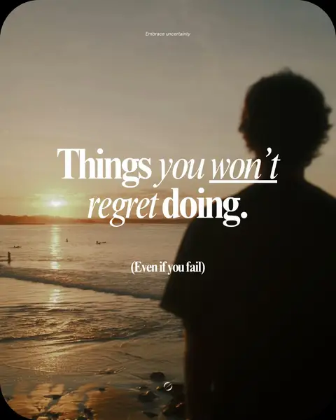 The image captures a serene beach scene with a sunset backdrop. The sky transitions from golden to dusky hues, reflecting on the wet sand. A person's silhouette is seen from behind, gazing at the ocean, with text overlayed in a bold, white font. The overall mood is contemplative and inspiring.
