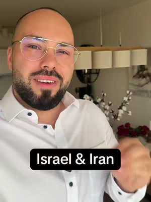 A man in a white shirt and glasses looks at the camera with a serious expression. The caption below the man says "Israel & Iran".