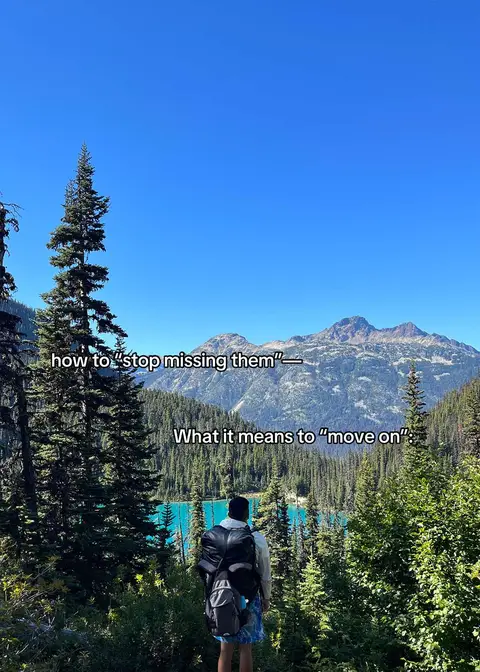 A person is standing on a path, seen from the back, with a backpack. Trees and a lake with mountains in the background are in the cover image. Text is added on the image.