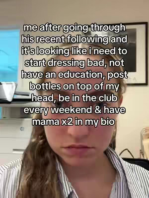A selfie-style image featuring a young woman with brown hair pulled back, set against a backdrop of what appears to be a home or office interior. She appears to be inside, wearing a striped collared shirt. The text overlay covers a portion of the upper part of the image. The background features a framed picture and some items on a shelf.