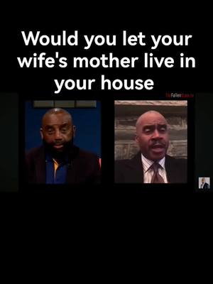 The cover image is a vertical video frame with a black background. At the top, centered, the text 'Would you let your wife's mother live in your house' is displayed in white. Below, the image has two side-by-side rectangular windows. The left window displays a man who has a dark beard and is looking at the camera. The right window displays another man with a shaved head. The layout uses a simple black background, and the text clearly communicates the video's central question.