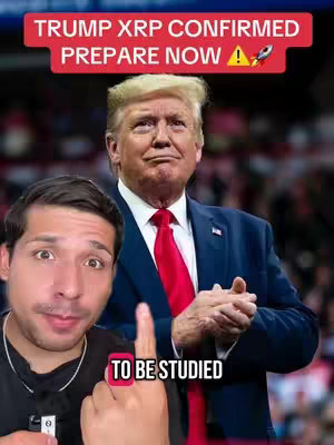 The image shows a selfie-style video setup with the creator in the foreground pointing towards a finger-placed text box overlaid on a split background. The background incorporates images of Donald Trump, and there's a red banner with text that reads: "TRUMP XRP CONFIRM PREPARE NOW". The creator has a serious expression, and the overall color palette is vibrant. The composition suggests a news or opinion video related to cryptocurrency.