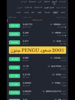 The cover image displays a cryptocurrency trading interface from Binance.com. The interface is arranged within a vertical frame, emphasizing market data. The background has a dark theme, which provides a contrast for text-based information. In the foreground, pricing and percentage changes related to various cryptocurrencies are clearly visible. The word "PENGU" is highlighted and the text overlay shows "200% صعود PENGU جنون".
