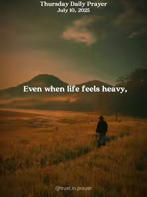 A serene landscape image shows a person silhouetted walking towards the right in a field. The background features a blurred view of mountains and a sky with a golden color palette, evoking a sense of peace and tranquility. Text overlays are present at the top and bottom, including a date, and the main phrase within the image.
