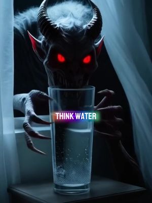 A digitally created, spooky image featuring a shadowy, horned demon-like figure with glowing red eyes leaning over a tall glass of water. The figure's hands are claw-like, and it is framed by a window and a dark foreground. The words 'THINK WATER' appear in a text overlay on the glass.