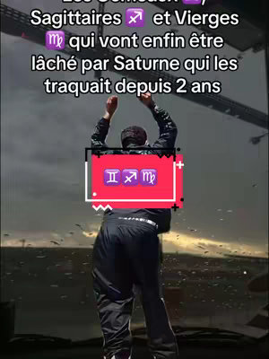A person stands with their back to the camera, arms raised, in front of a dark, cloudy sky. A text box with astrology symbols is overlayed on the image.
