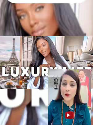 The cover image is a collage presenting three sections. The top shows a close-up of a woman's face with blurred background. The middle features the same woman in front of a window with the Eiffel Tower visible, the text "LUXURY LIFE" positioned below. The right side shows champagne glasses. At the bottom right corner, there's a woman with a visible YouTube logo.