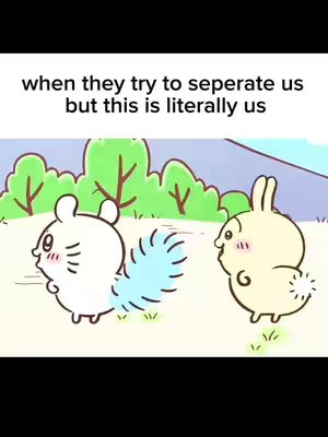The image shows two cartoon characters, a white squirrel and a light-beige rabbit-like creature, standing next to each other against a backdrop of green bushes and a light-blue sky. The text overlay reads, "when they try to seperate us but this is literally us."