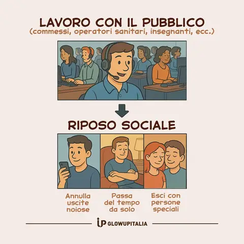 The cover image is a cartoon-style illustration. It is divided into two sections. The top section depicts office workers with headsets on, with text above saying 'LAVORO CON IL PUBBLICO'. The lower section shows three scenarios illustrating 'RIPOSO SOCIALE': one person on a phone, one person looking contemplative, and a couple. The image has a light beige background with cartoon elements and Italian text.